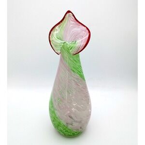 Art Glass Swirl Vase Pink Green Red Ruffled Rim Handblown Style 11.5" Christmas